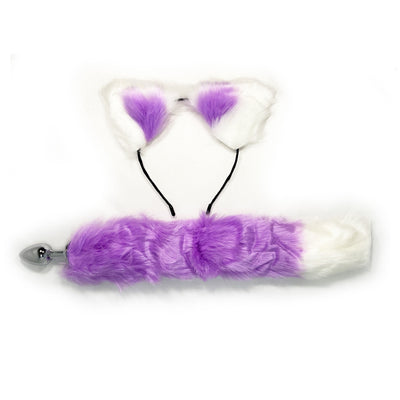 FAUX PURPLE AND WHITE FOX TAIL WITH EARS ANAL PLUG SET
