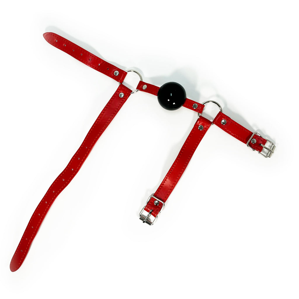 Rubber Ball Gag with Head and Chin Strap by Fetish Pleasure Play in Red