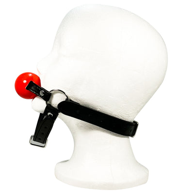 Rubber Ball Gag with Chin Strap by Fetish Pleasure Play in Red and Black