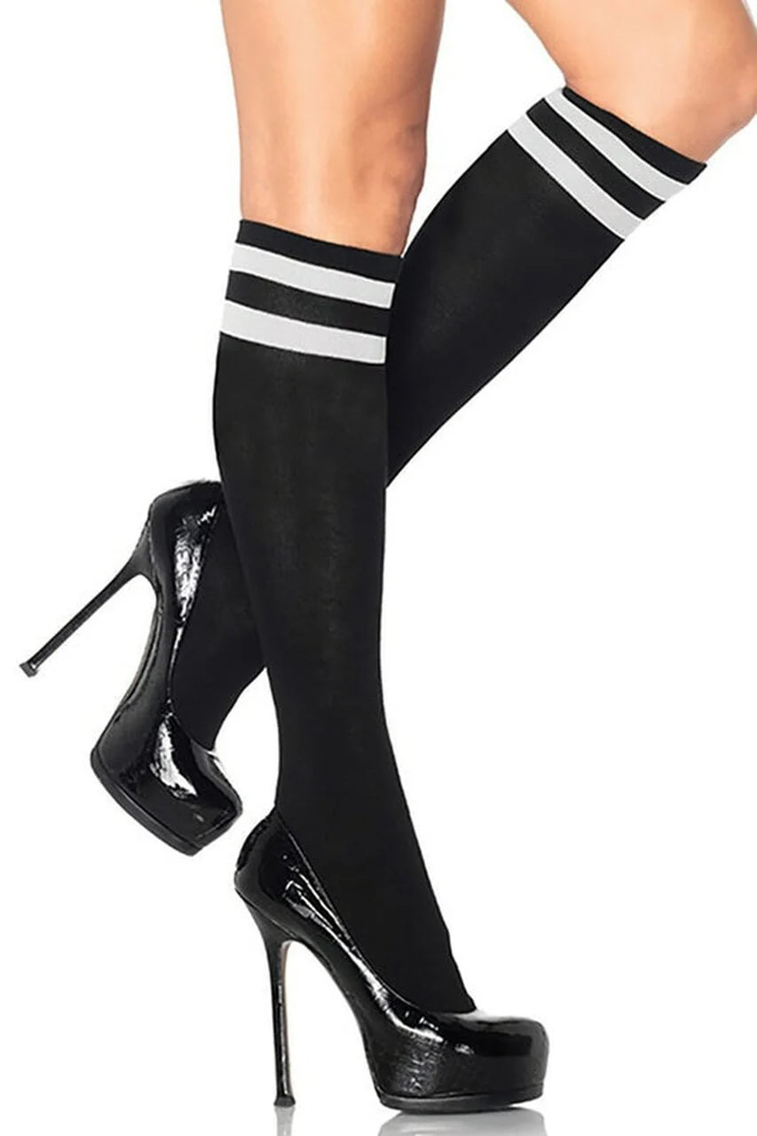Black Athletic Knee High Socks with White Stripes One Size