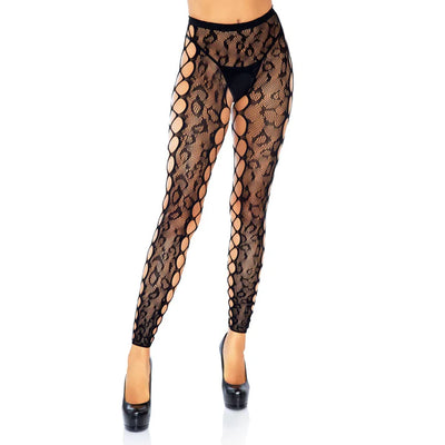 Black Leopard Lace Crotchless Tights One Size