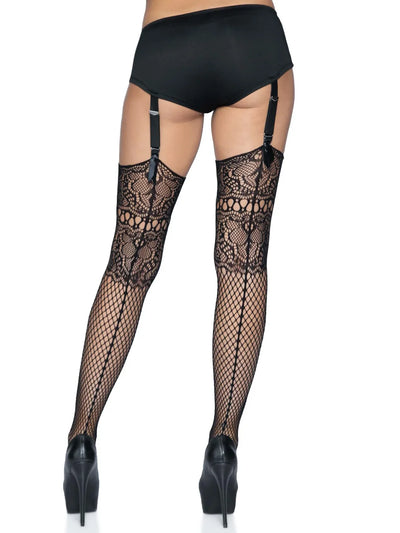 Black Floral Lace Top Fishnet Thigh High Stockings with Backseam One Size