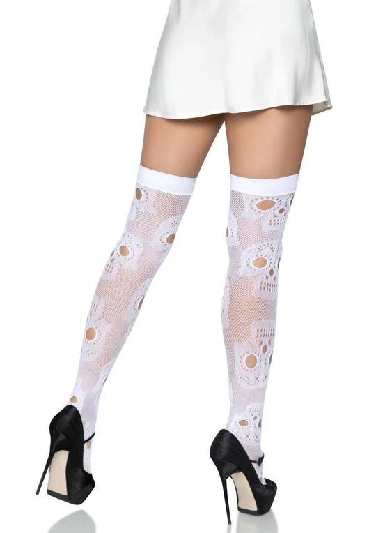 White Woven Sugar Skull Fishnet Thigh High Stockings One Size