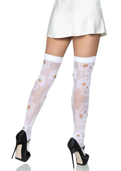 White Woven Sugar Skull Fishnet Thigh High Stockings One Size