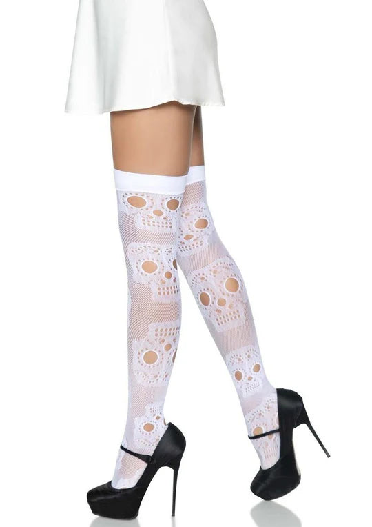 White Woven Sugar Skull Fishnet Thigh High Stockings One Size