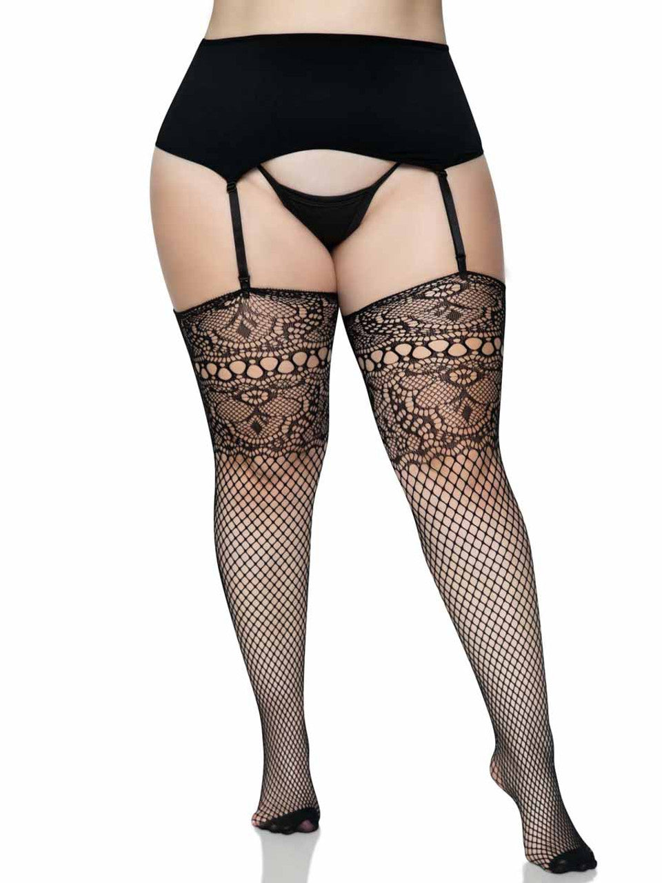Black Lace Top Backseam Thigh High Fishnet Stocking in 1X/2X