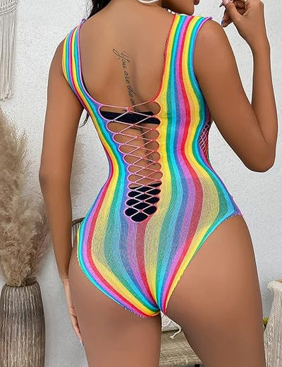 Rainbow Fishnet Cutout Bodysuit