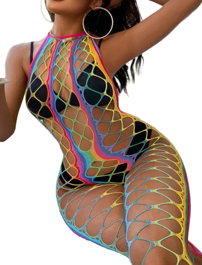 Rainbow Fishnet Halter Neck Cutout Bodystocking in L/XL