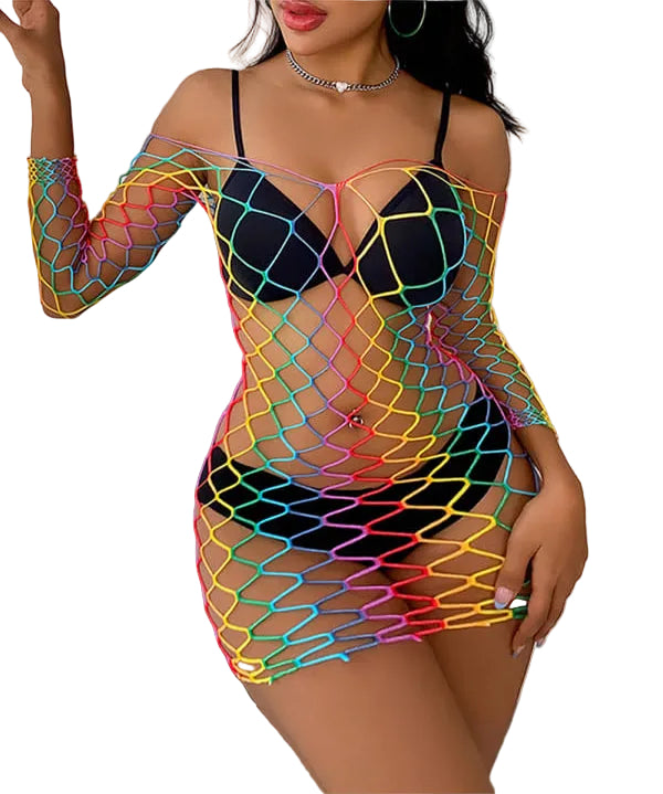 Rainbow Fishnet Long Sleeve Bodystocking Dress