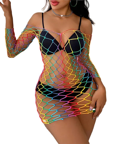 Rainbow Fishnet Long Sleeve Bodystocking Dress