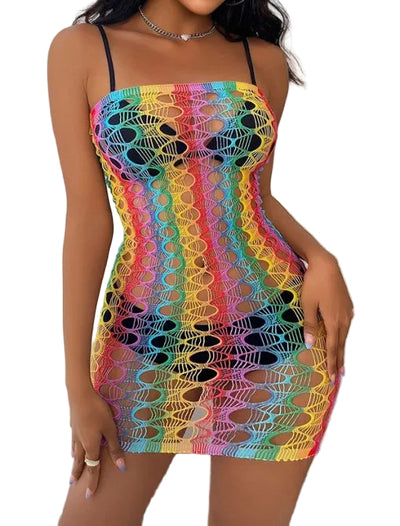 Rainbow Fishnet Off-The-Shoulder Tube Dress Bodystocking