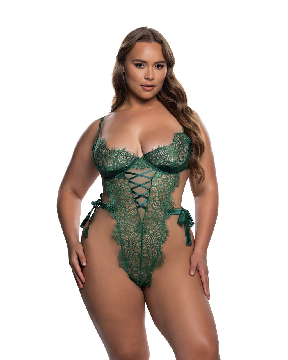 Dreamer's Lust Lace and Satin Teddy, Green, Queen O/S