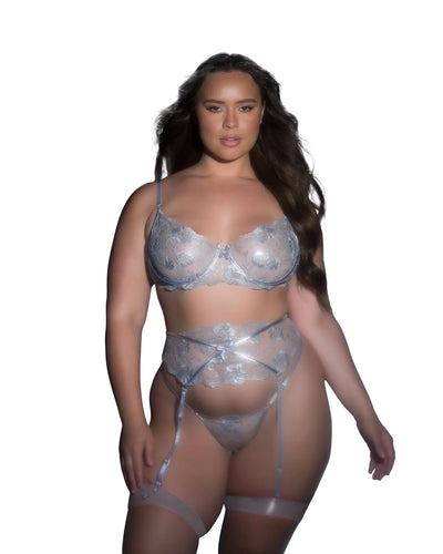Garden Of Eden Bra, Garter, & Panty Set, Silver, Queen O/S