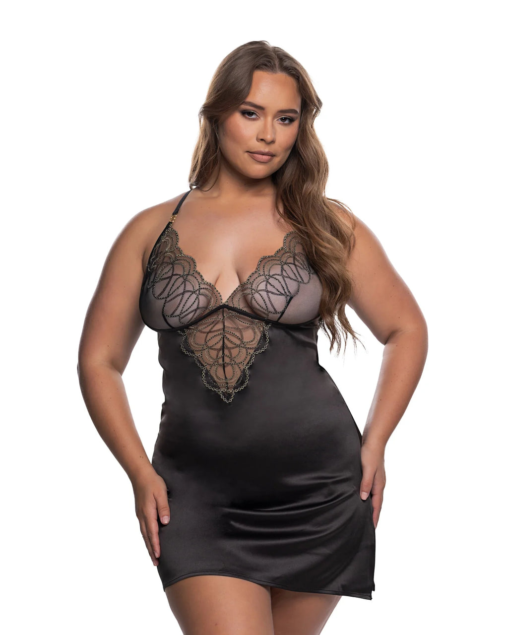 Beaded Belle Metallic Embroidery with Bead Lace Chemise, Black/Gold, Queen O/S