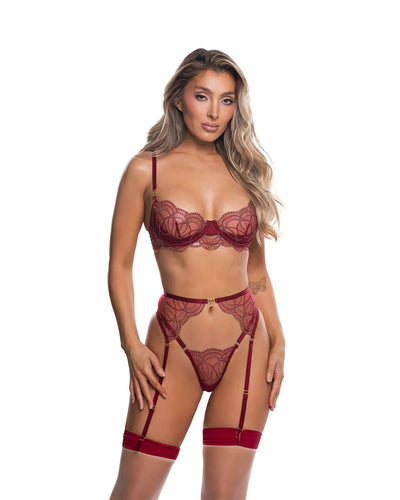 Beaded Belle Garter Bra Set Metallic Embroidery, Wine/Gold