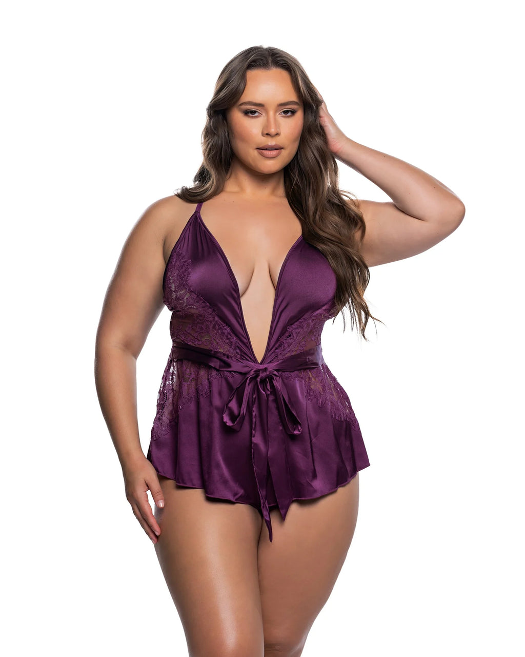 Moonlight Kiss Stretch Satin Romper, Purple, Queen O/S