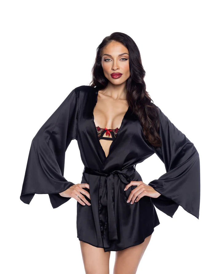 Midnight Essentials Satin Short Robe, Black, One Size