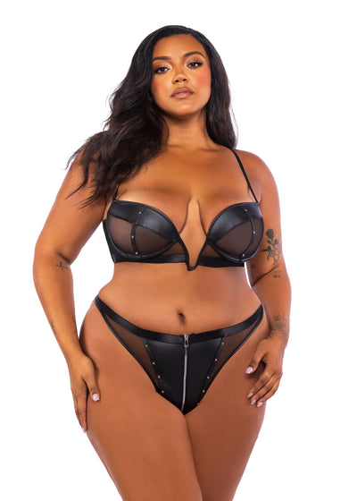 Lust & Leather Bra and Panty Set, Black, Queen O/S