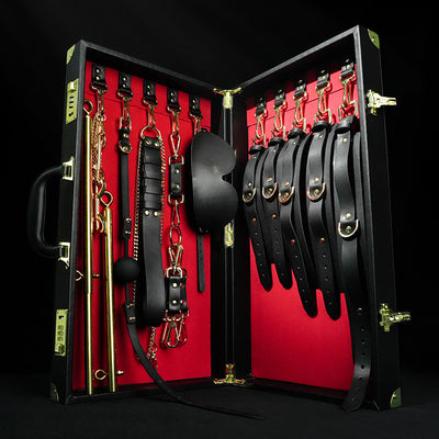 Collection of leather accessories in a black and red case on a black background