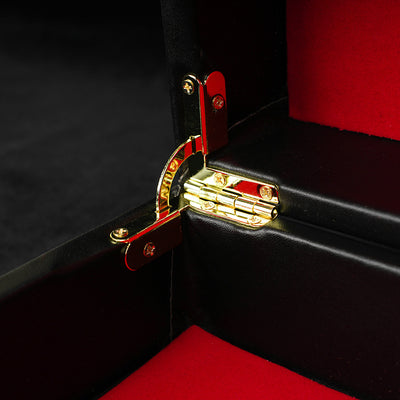 Close-up of a black suitcase with gold hinges on a dark background