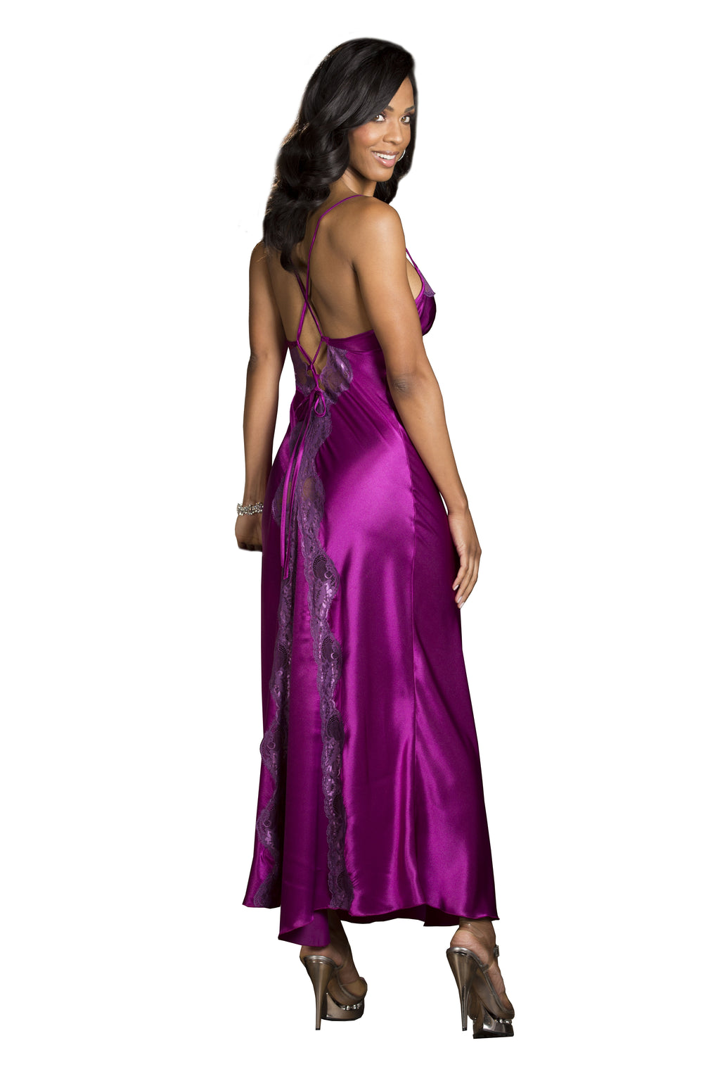 Charmeuse Scalloped Lace Gown Robe, Purple