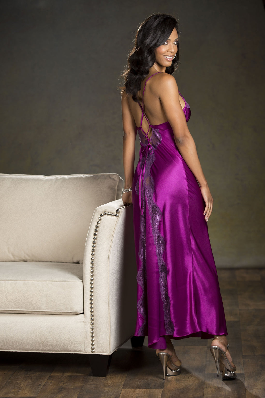 Charmeuse Scalloped Lace Gown Robe, Purple