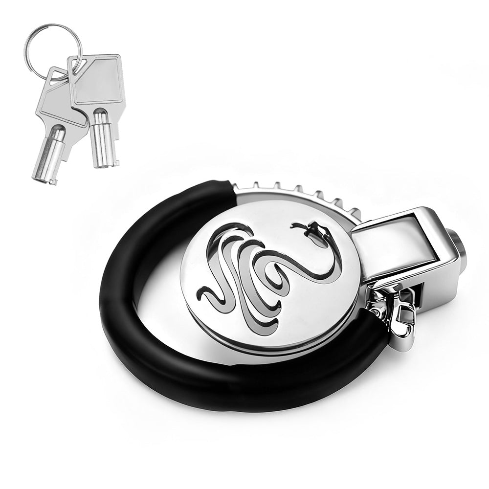 Cobra Flat Chastity Cage with Handcuff-Style Locking Ring by Metal Pleasure Play