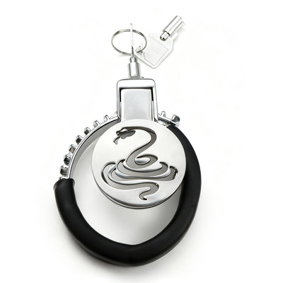 Cobra Flat Chastity Cage with Handcuff-Style Locking Ring by Metal Pleasure Play