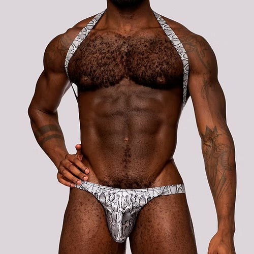 S'naked Harness Sling Thong by Male Power in Silver S/M