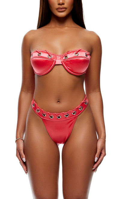 Satin Bandeau Bikini Set with Grommet Detail in Coral
