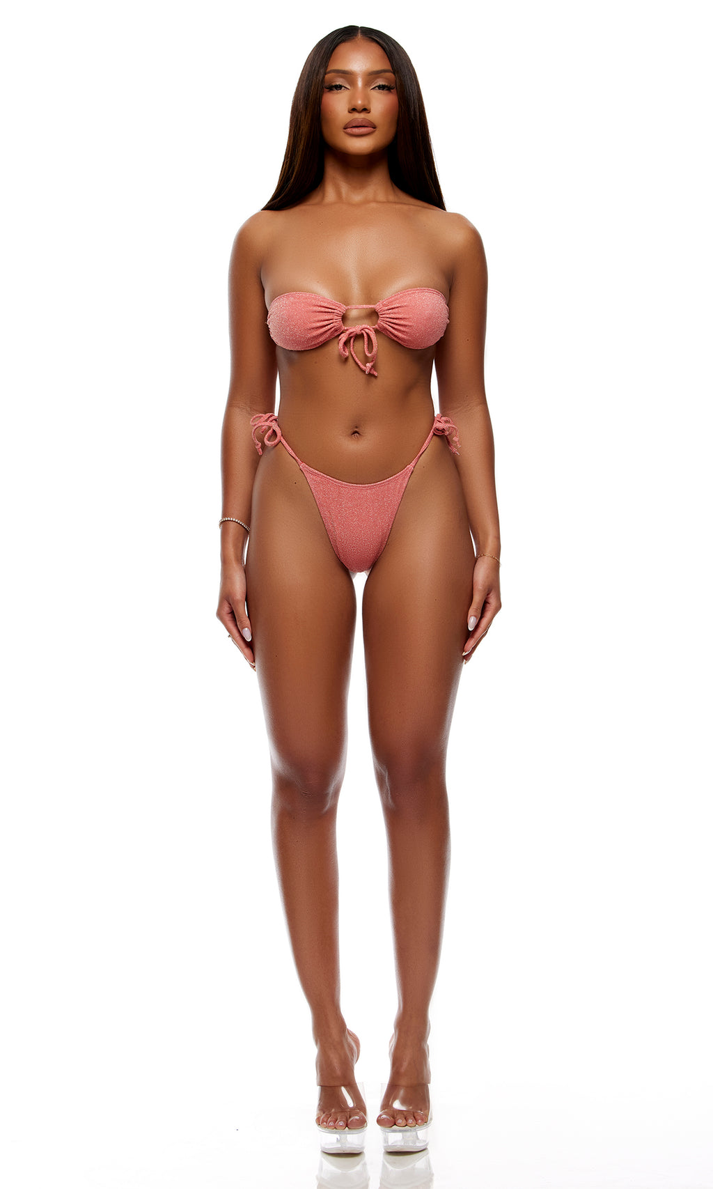 Metallic Shimmer Bandeau Bikini Set in Coral