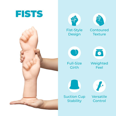 A beige realistic training dummy arm with a fist is shown being held by hands against a split white and light blue background. The right side lists features in text: Fist-Style Design, Contoured Texture, Full-Size Girth, Weighted Feel, Suction Cup Stability, and Versatile Control.