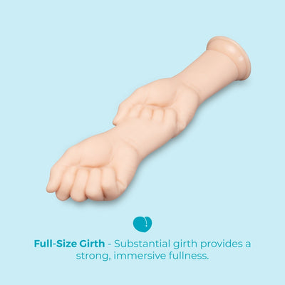 A realistic flesh-toned full-size girth mannequin arm shown on a light blue background, with text below reading 'Full-Size Girth - Substantial girth provides a strong, immersive fullness.'.