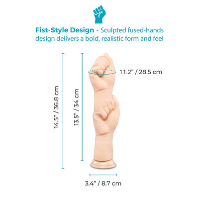 A flesh-toned fist-style hand prop with overlaid dimension lines and text showing height and width measurements on a white background.