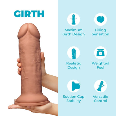 A realistic flesh-toned dildo labeled GIRTH is shown being held by two hands against a split white and light blue background, with feature callouts on the right.