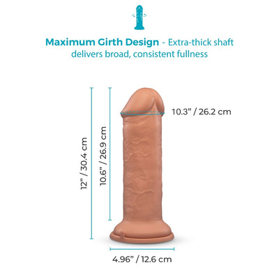 A product dimension diagram showing a peach-colored realistic dildo with text reading 'Maximum Girth Design - Extra-thick shaft delivers broad, consistent fullness' and measurements for height, girth, and base width on a white background.