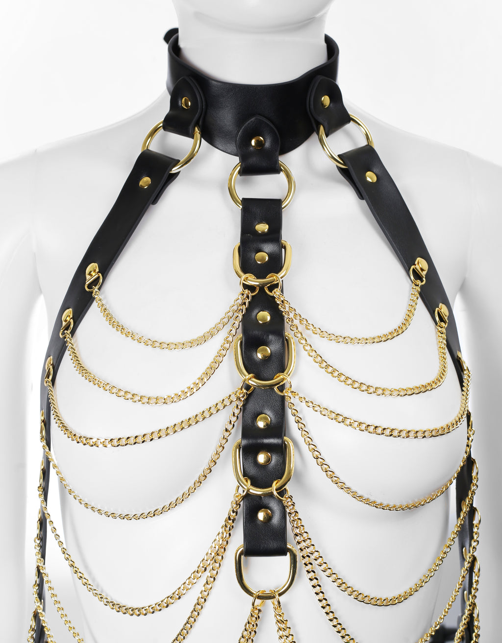 Soft PU Leather Body Harness in Black with Gold Chains by Fetish Pleasure Play - One Size