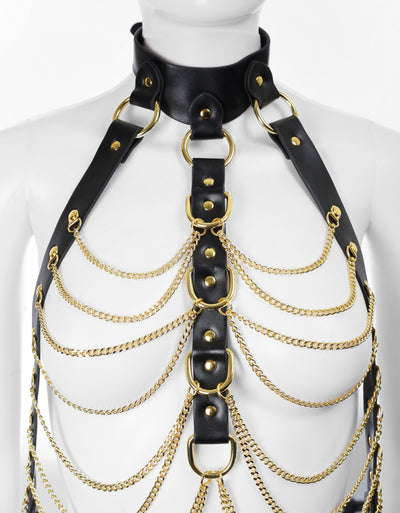 Soft PU Leather Body Harness in Black with Gold Chains by Fetish Pleasure Play - One Size