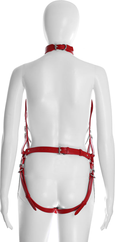 Full Body Harness with Silver Chains in Red PU Leather by Fetish Pleasure Play - One Size