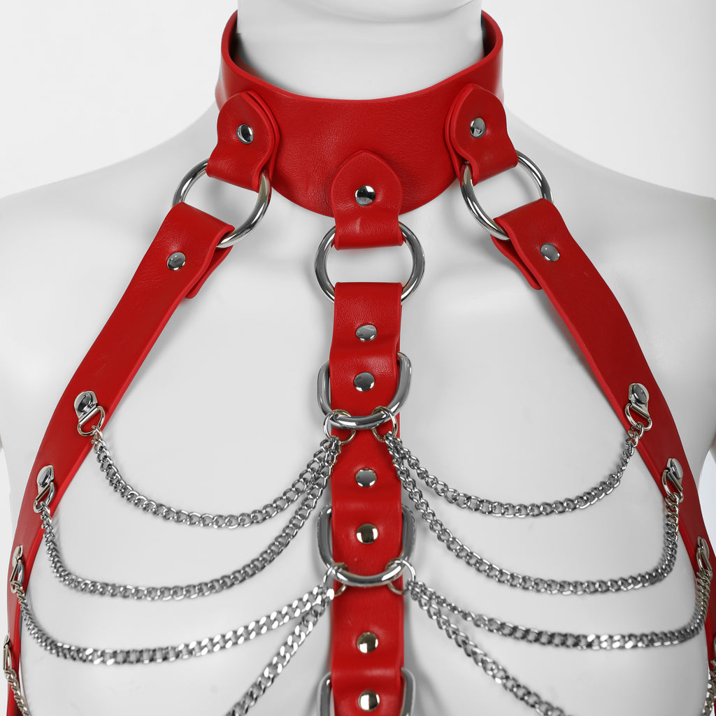 Full Body Harness with Silver Chains in Red PU Leather by Fetish Pleasure Play - One Size