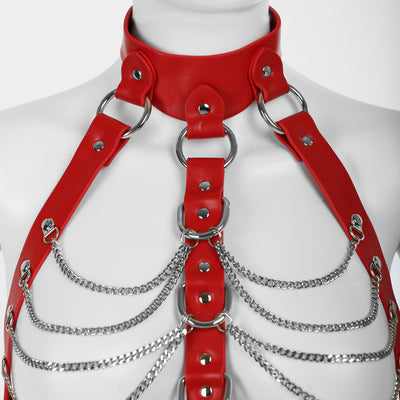 Full Body Harness with Silver Chains in Red PU Leather by Fetish Pleasure Play - One Size