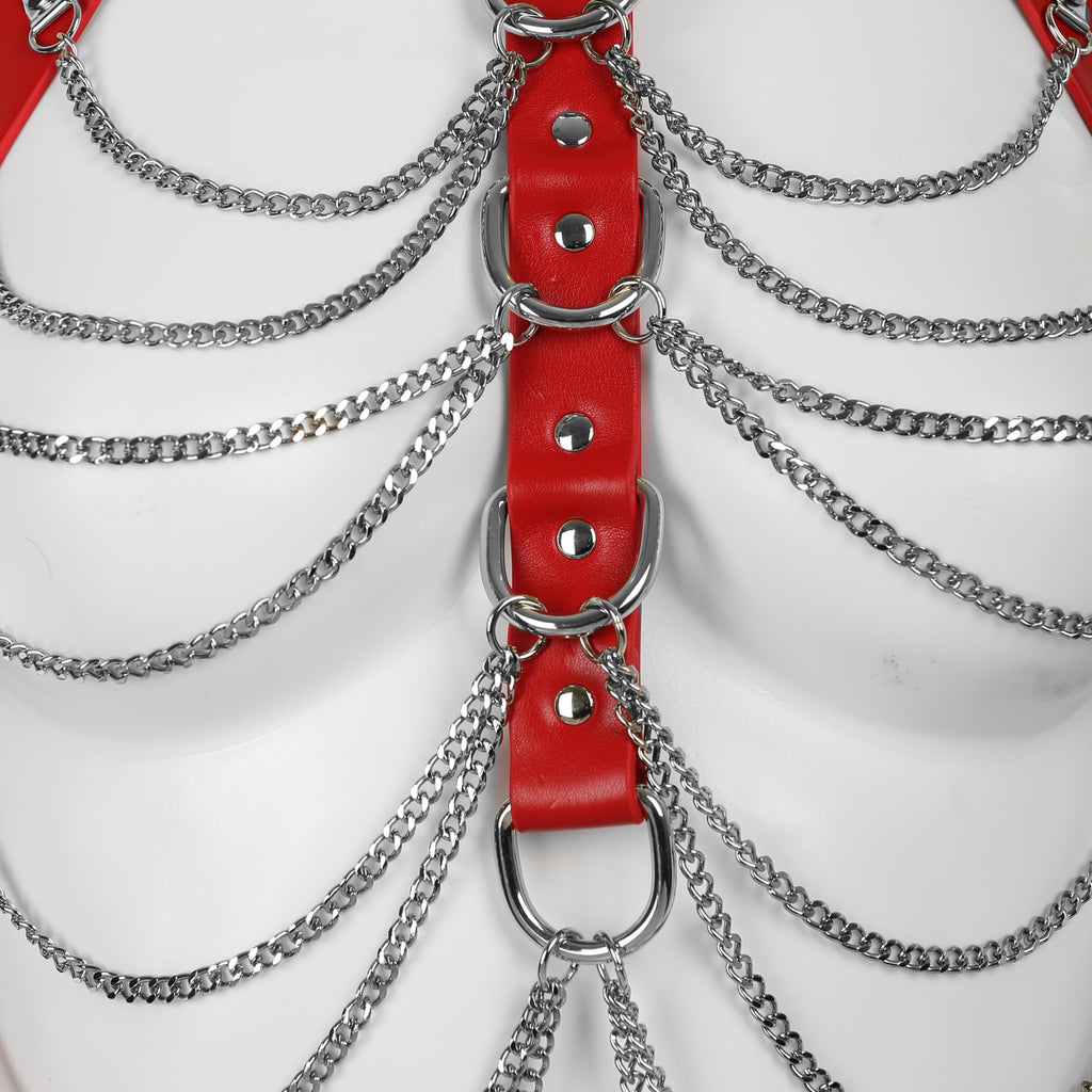 Full Body Harness with Silver Chains in Red PU Leather by Fetish Pleasure Play - One Size
