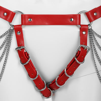 Full Body Harness with Silver Chains in Red PU Leather by Fetish Pleasure Play - One Size