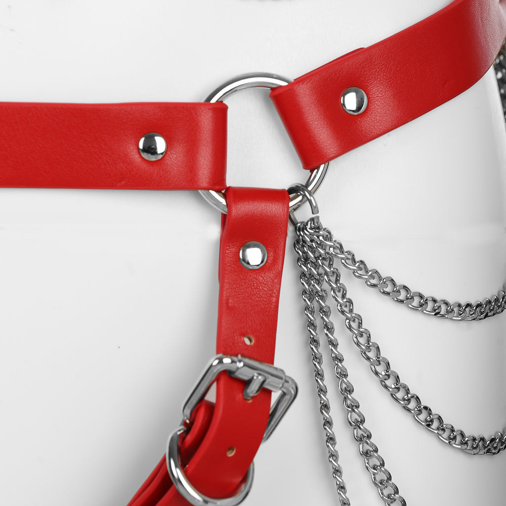 Full Body Harness with Silver Chains in Red PU Leather by Fetish Pleasure Play - One Size
