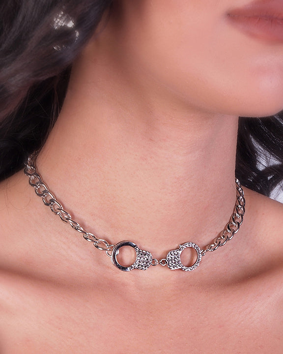 Handcuff Choker Necklace, Silver, One Size