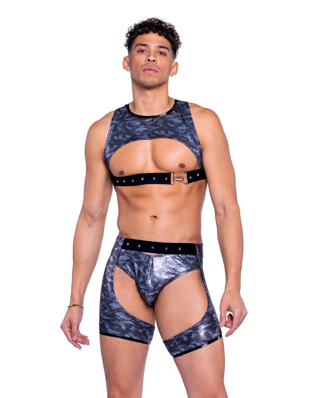 Metallic Print Chaps with Buckle Detail Black/Gray