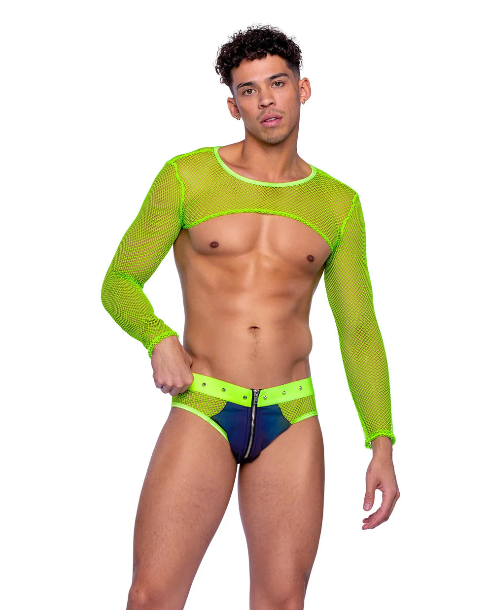 Neon Fishnet Zip-Up Brief in Lime Green