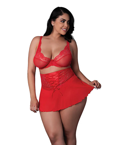 Sugar High Bralette, Cincher Skirt & Thong Set, Red, Queen O/S