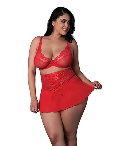 Sugar High Bralette, Cincher Skirt & Thong Set, Red, Queen O/S