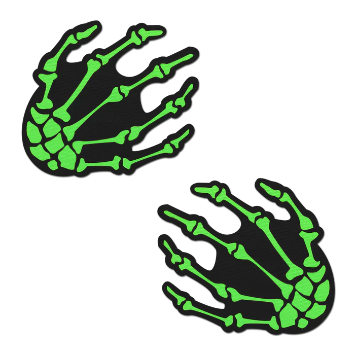 Zombie UV Reactive Boney Hands Nipple Pasties, Neon Green, One Size